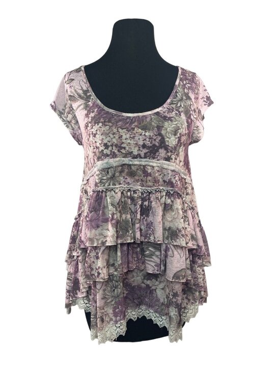 Tatienne Tops - Tatienne Size Medium Floral Ruffle Cap Sleeve Layered Top Burgundy Gray Layers